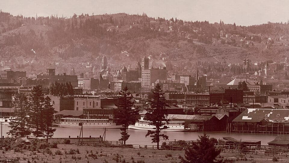 Historical photograph of early Portland, Oregon, waterfront; circa 1890